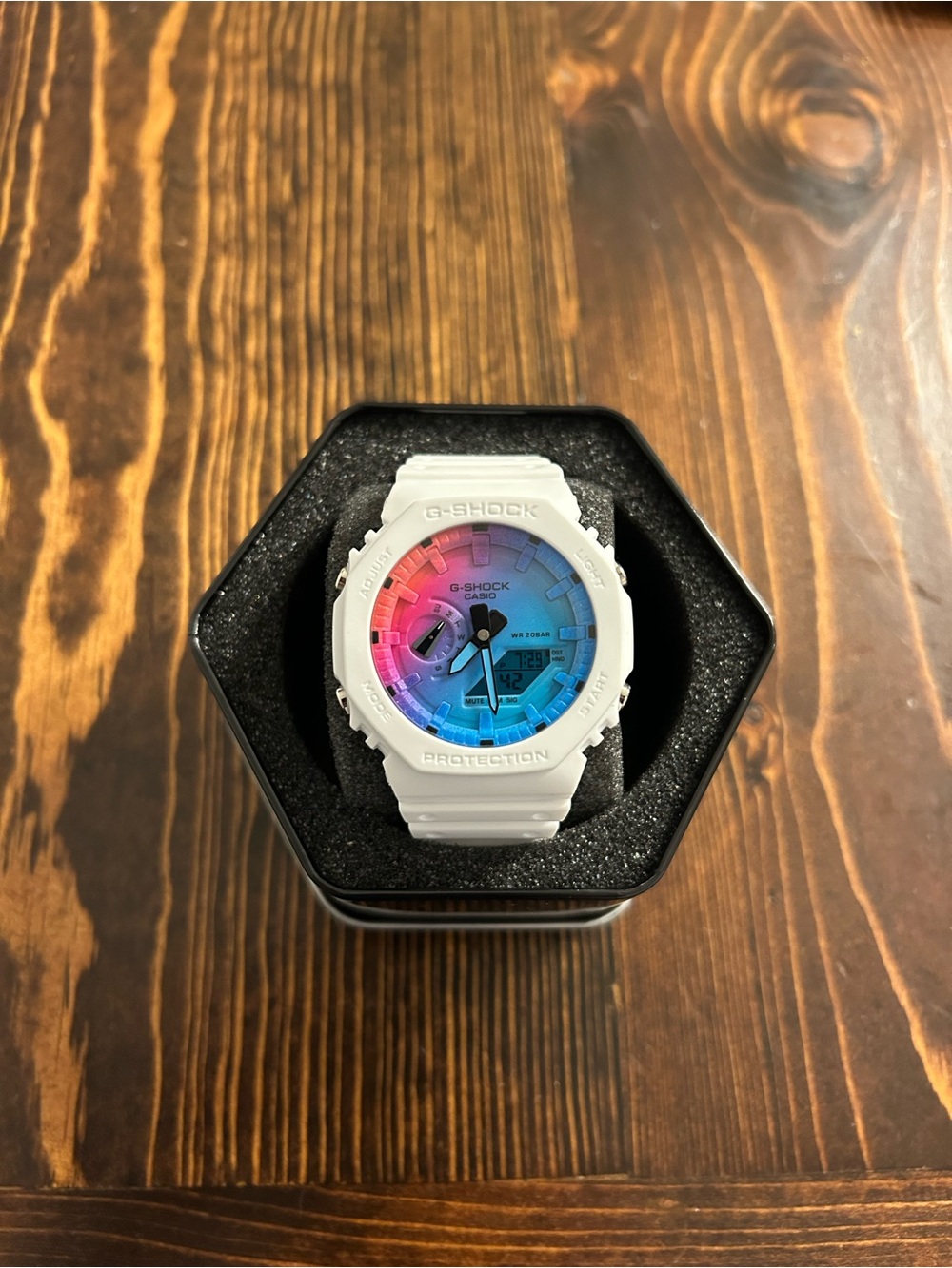 G-SHOCK White Watch with Gradient Blue-orange Dial
